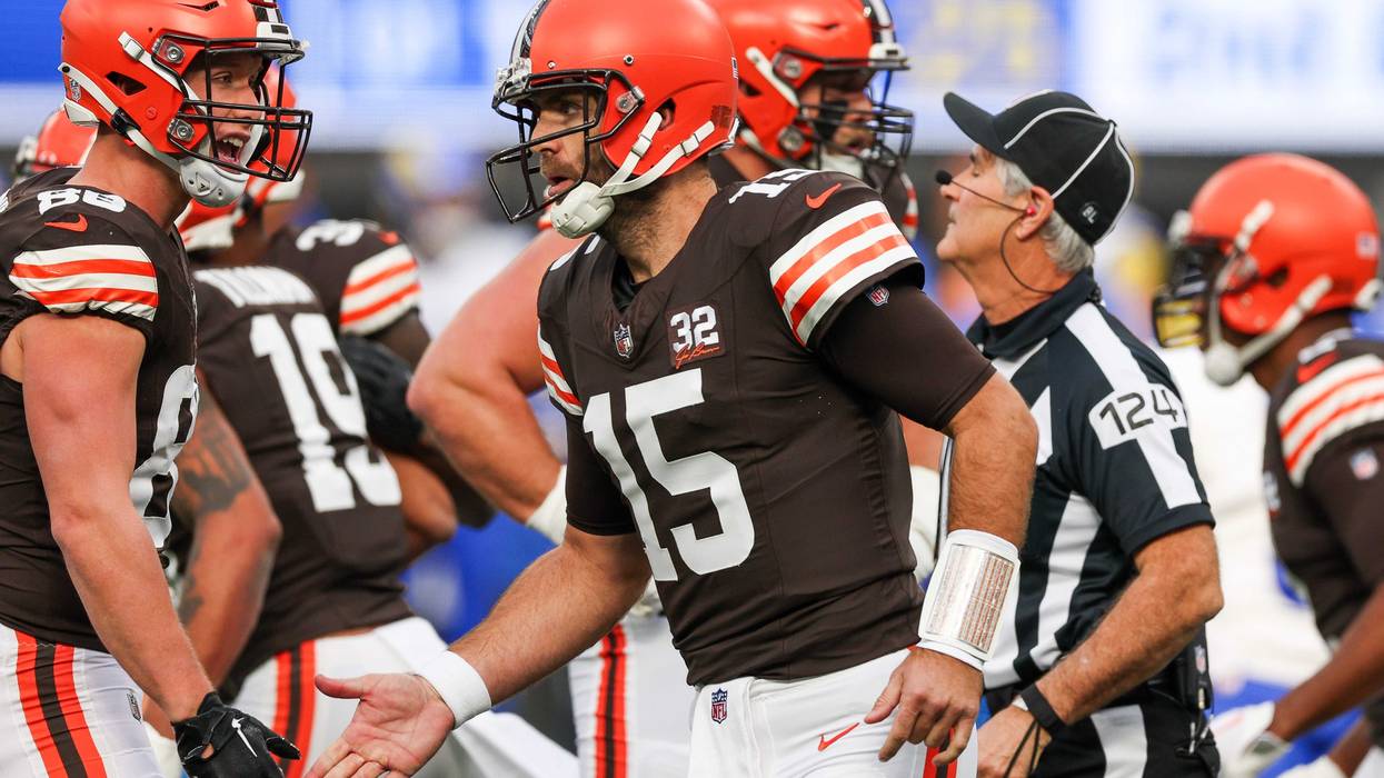 Joe Flacco #15 of the Cleveland Browns celebrates with teammates after scoring a touchdown in the first quarter against the Los Angeles Rams at SoFi Stadium on December 03, 2023 in Inglewood, California.