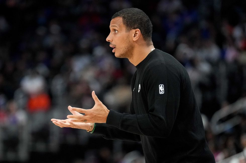 : Joe Mazzulla head coach of the Boston Celtics reacts against the Detroit Pistons during the fourth quarter at Little Caesars Arena on October 26, 2025 in Detroit, Michigan.