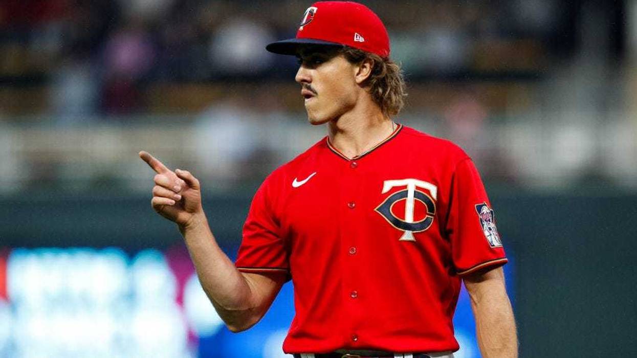 Joe Ryan #41 of the Minnesota Twins celebrates an out against the Los Angeles Angels in the second inning of the game at Target Field on September 24, 2022 in Minneapolis, Minnesota. (