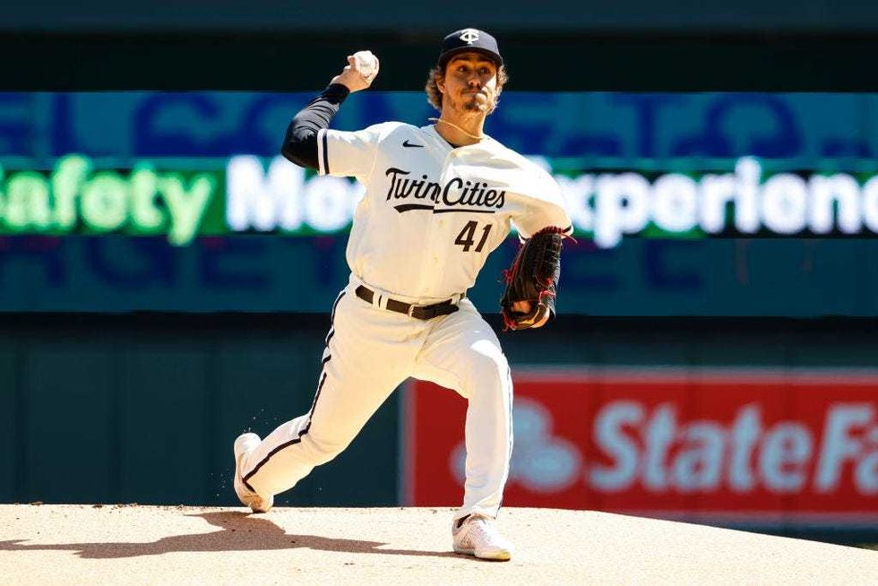 Joe Ryan #41 of the Minnesota Twins delivers a pitch against the Houston Astros in the first inning of the game at Target Field on April 8, 2023 in Minneapolis, Minnesota.