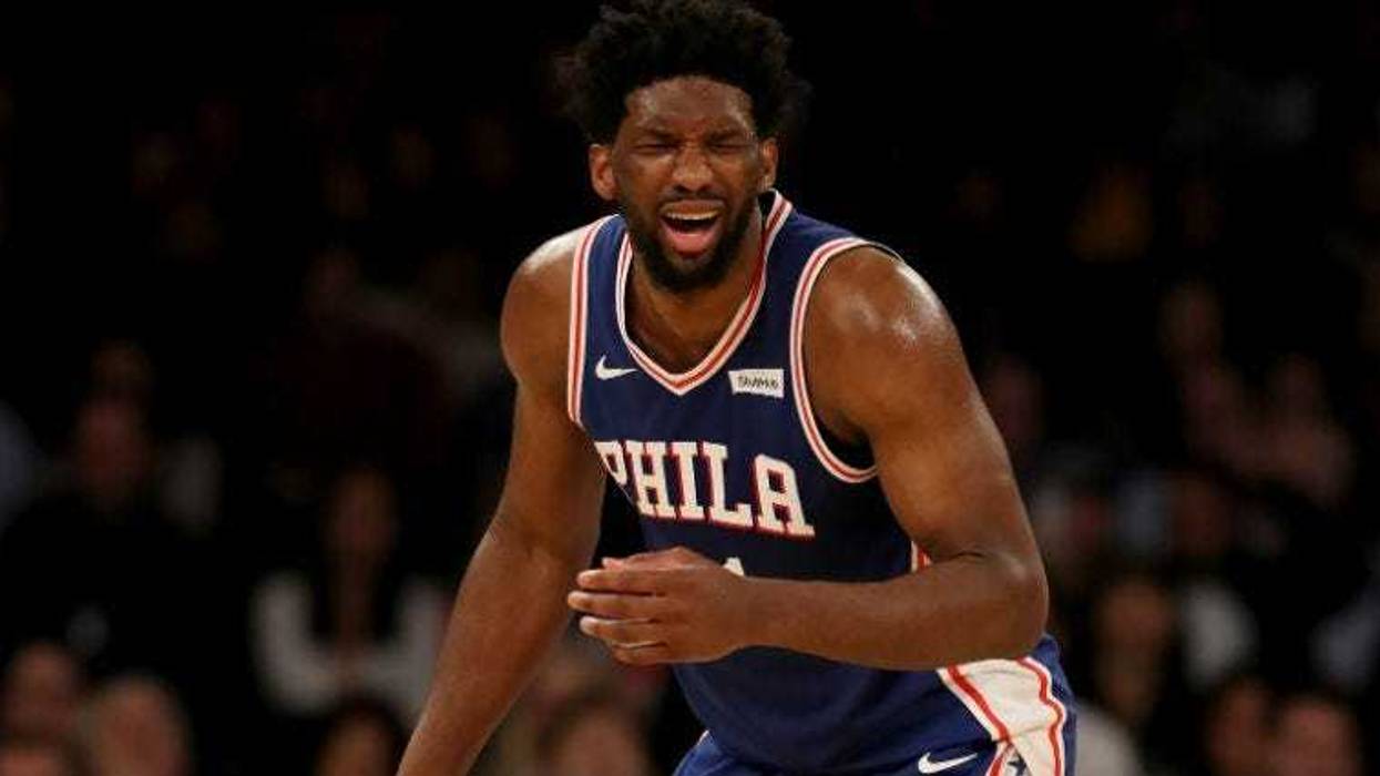 Joel Embiid #21 of the Philadelphia 76ers reacts in the fourth quarter against the New York Knicks at Madison Square Garden on February 13, 2019 in New York City.