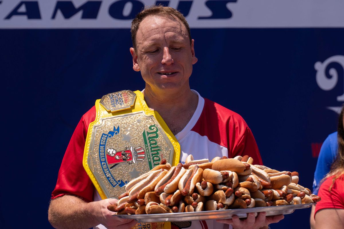 Joey Chestnut wins the men's competition at Nathan's Annual Hot Dog Eating Contest on July 4, 2025 in New York City.