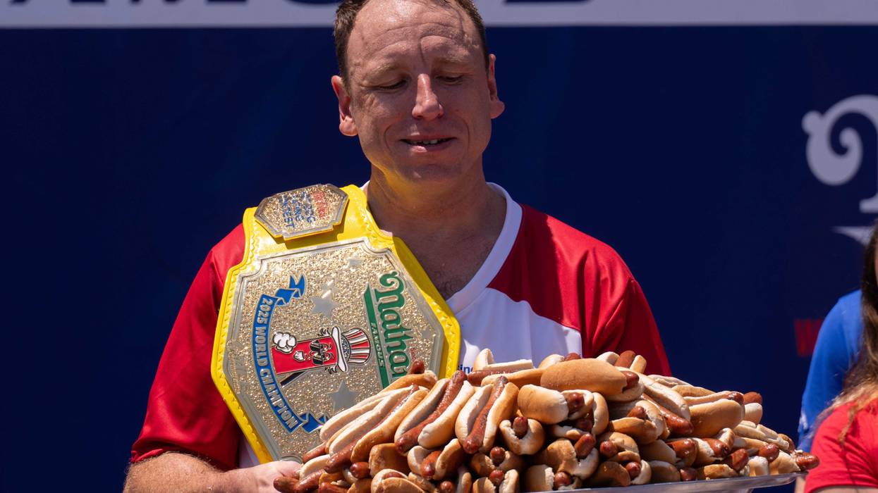 Joey Chestnut wins the men's competition at Nathan's Annual Hot Dog Eating Contest on July 4, 2025 in New York City.