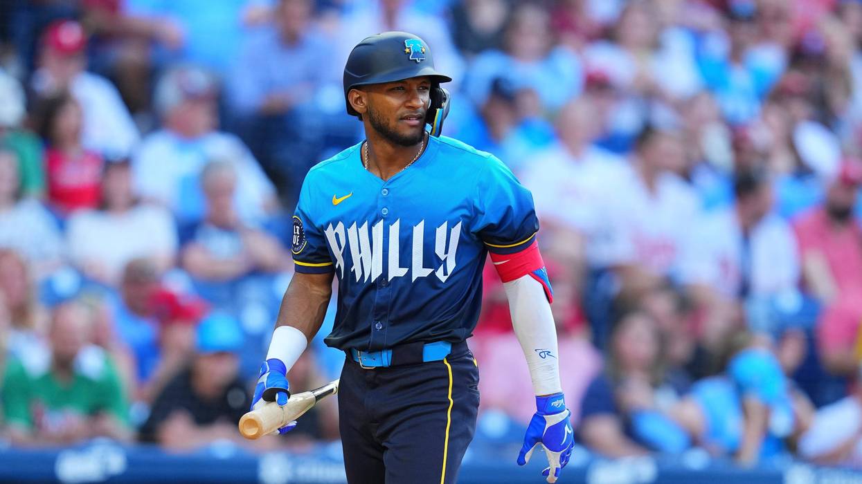 Johan Rojas warms up before a spring training baseball game, Thursday, Feb. 26, 2026, in Clearwater, Fla.