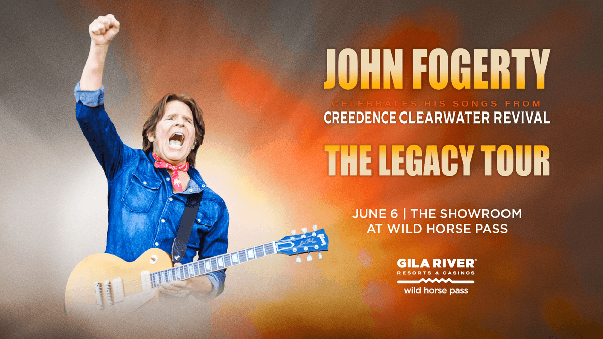 John Fogerty rocking out on guitar, promoting his Legacy Tour (CCR songs) for June 6.
