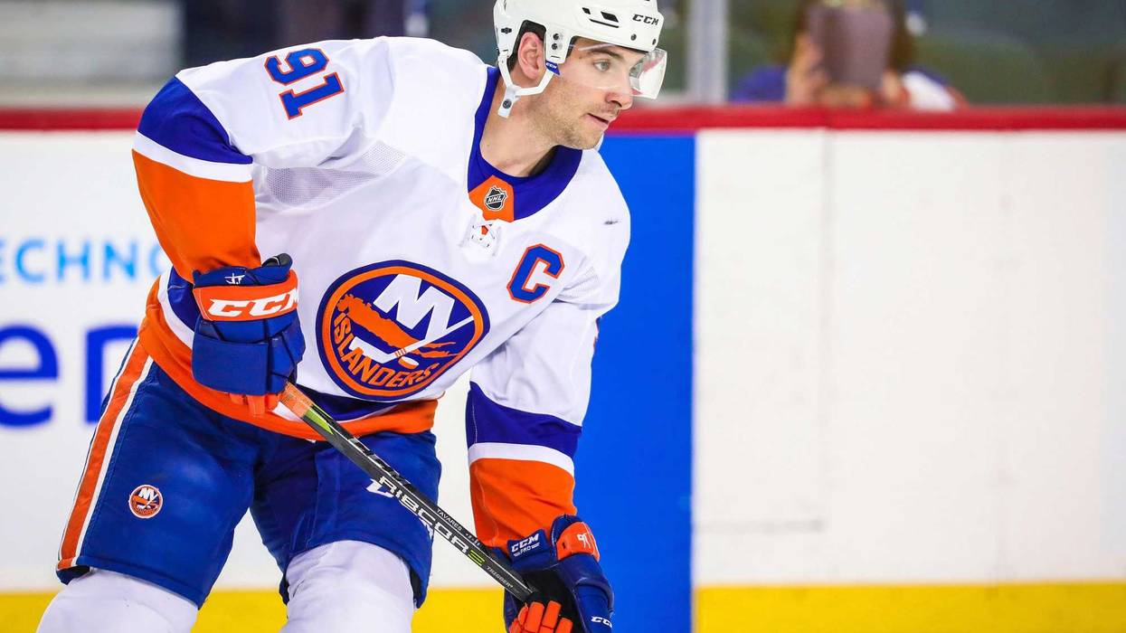 John Tavares skates during the warmup period against the Calgary Flames at Scotiabank Saddledome in Calgary, Alberta.
