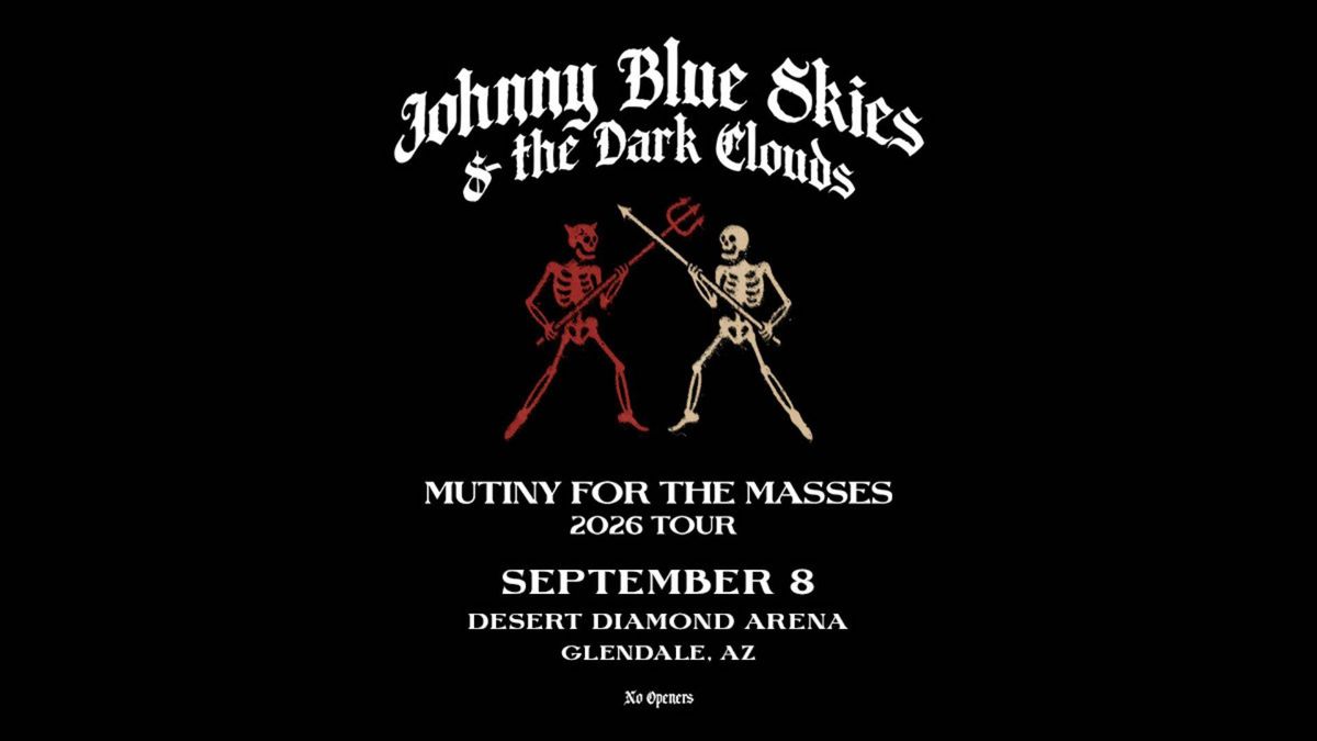 Johnny Blue Skies & The Dark Clouds concert poster: devil skeleton & skeleton fighting. Sept 8, AZ.