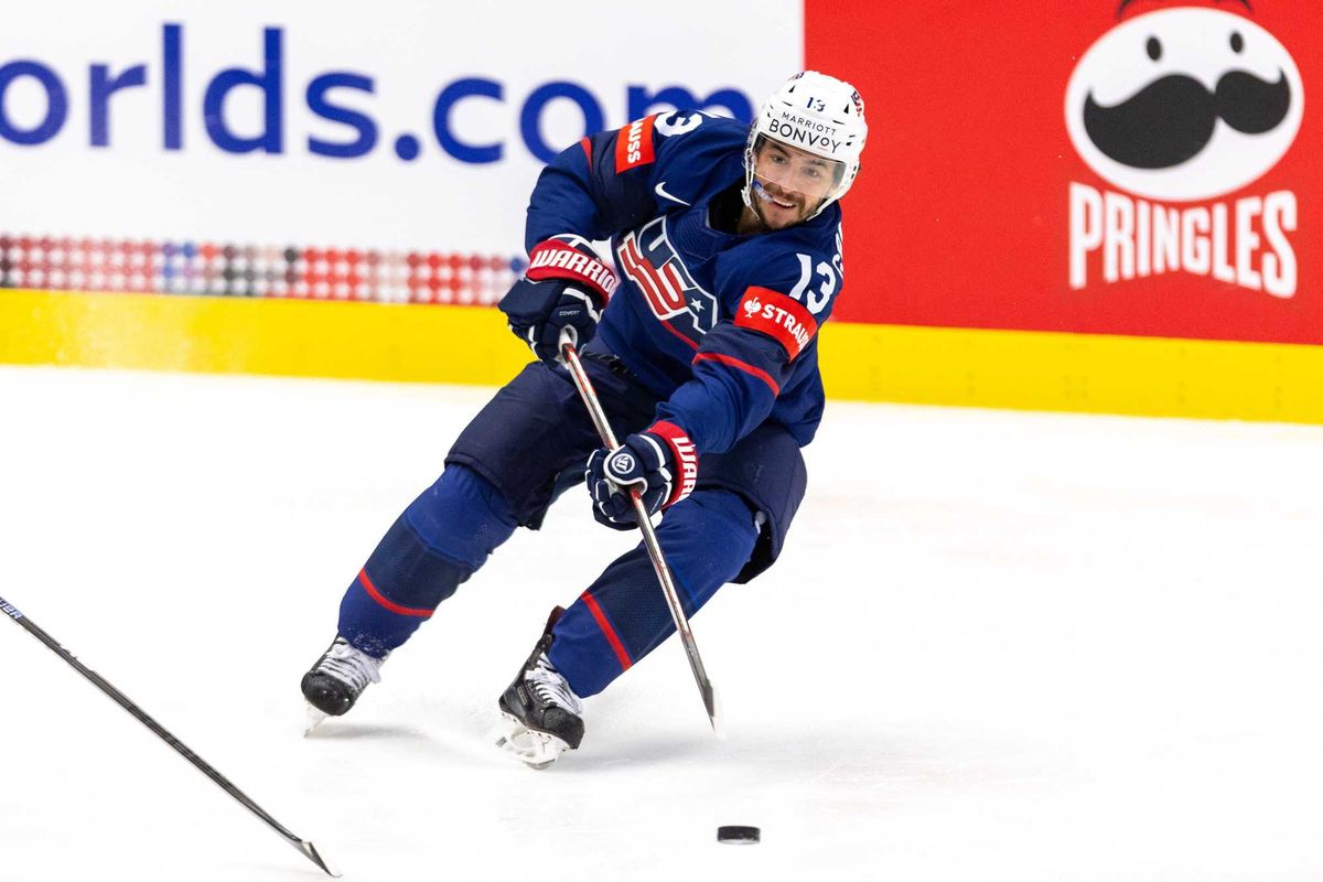 Johnny Gaudreau playing in the IIHF Ice Hockey World Championship Group B match between the United States and Germany in Ostrava, Czech Republic, on May 11, 2024.
