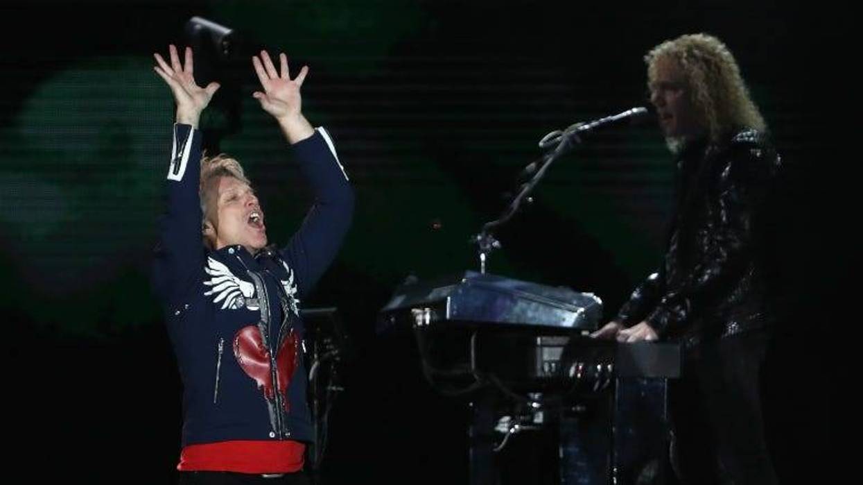 Jon Bon Jovi and David Bryan perform during the Bon Jovi This House Is Not For Sale Tour 2108 at Melbourne Cricket Ground