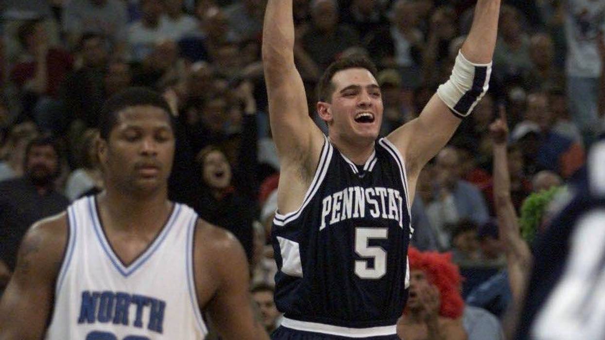 Jon Crispin of Penn State celebrates their victory over North Carolina in the 2001 NCAA South Regional second round game at the Lousiana Superdome in New Orleans, Louisiana.