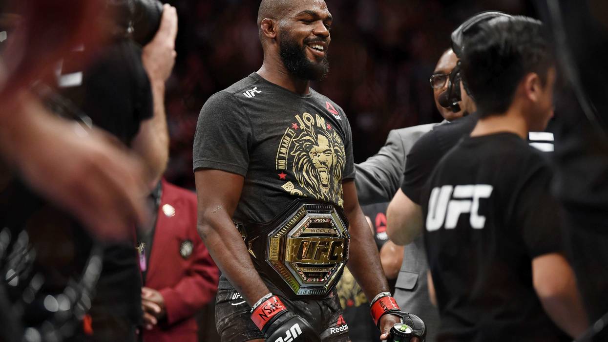 Jon Jones (red gloves) after his win against Thiago Santos (not pictured) at T-Mobile Arena.