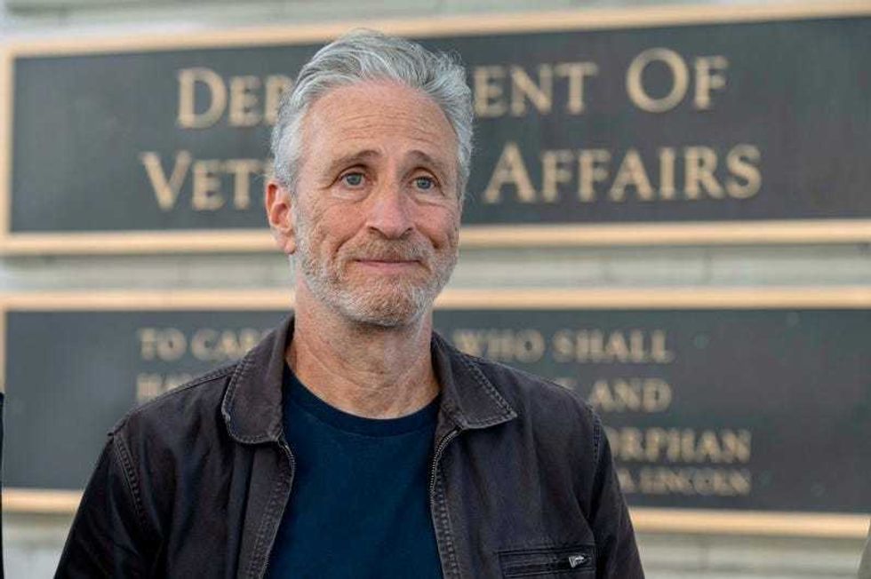 Jon Stewart takes part in an interview outside the Department of Veterans Affairs, July 26, 2024 in Washington