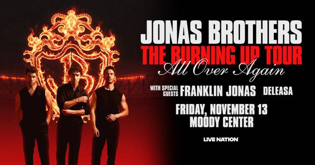 Jonas Brothers 'Burning Up Tour' poster with band members and fiery JB logo.