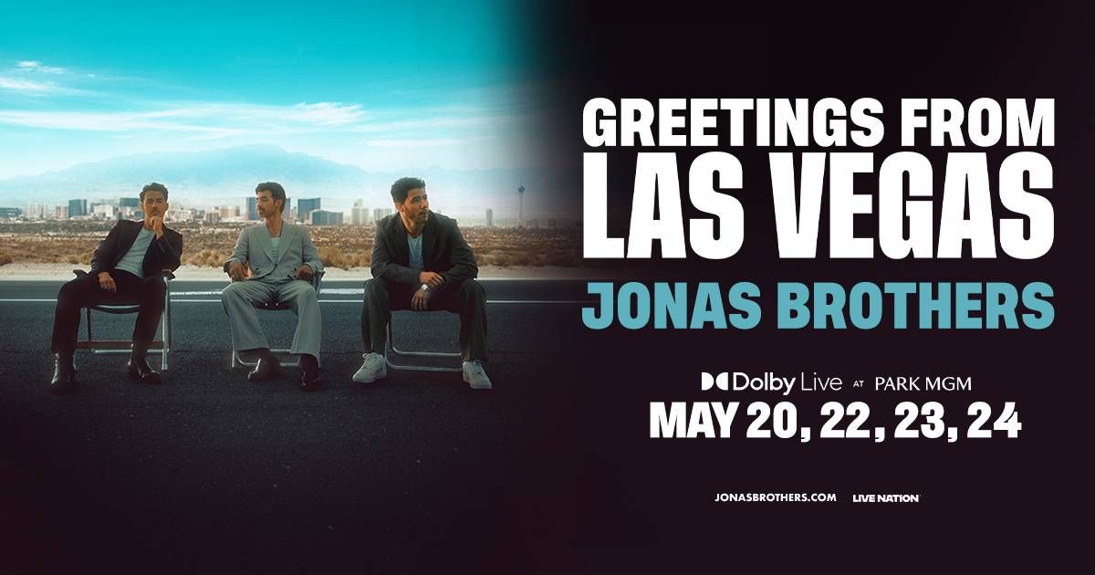 Jonas Brothers seated on a road with Las Vegas skyline. Concerts May 20, 22, 23, 24.