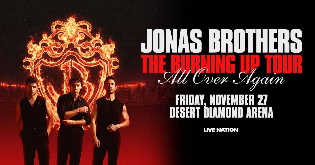 Jonas Brothers 'The Burning Up Tour All Over Again' concert poster with the three members and fiery JB logo.