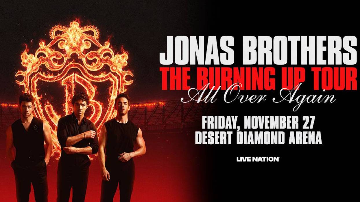 Jonas Brothers 'The Burning Up Tour All Over Again' concert poster with the three members and fiery JB logo.