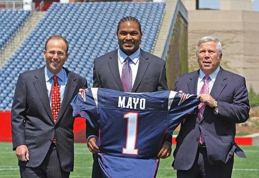 Jonathan Kraft, Jerod Mayo and Robert Kraft