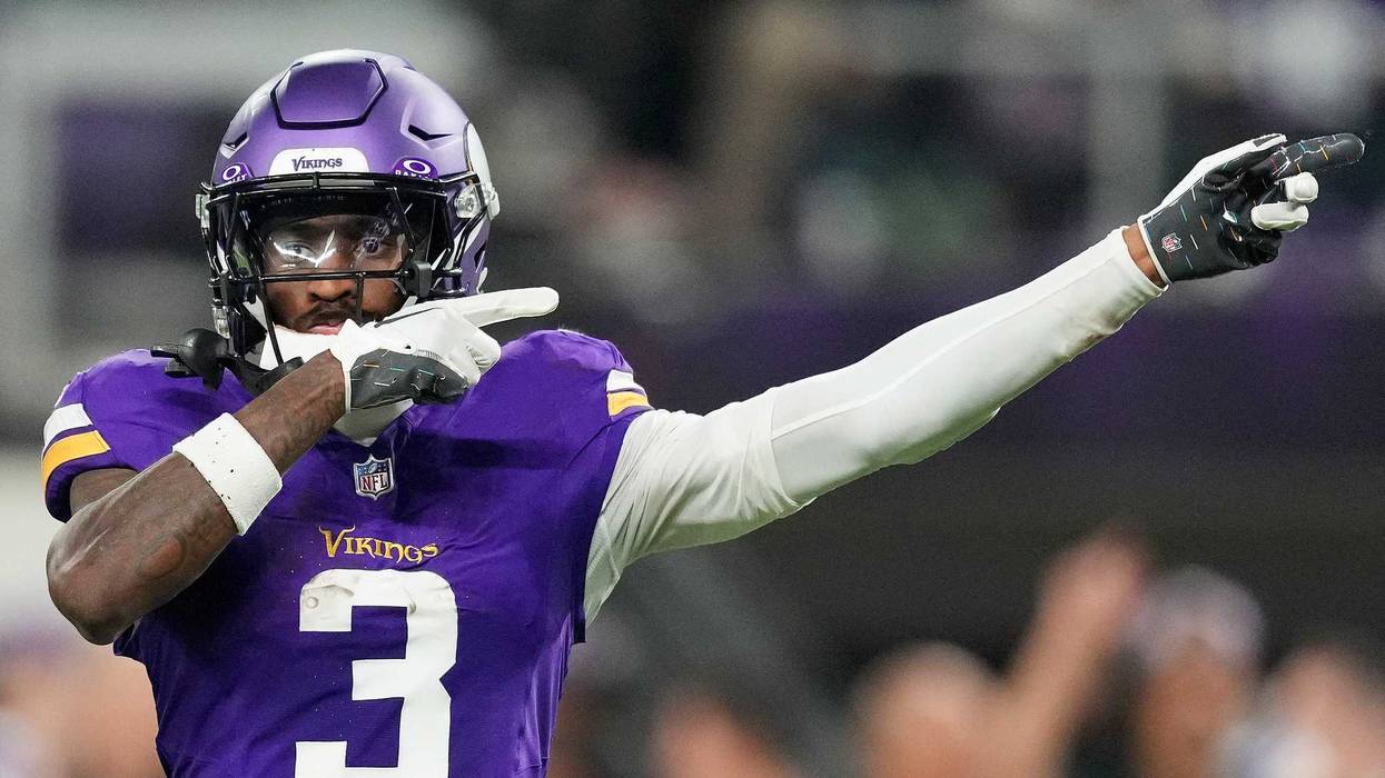 Jordan Addison #3 of the Minnesota Vikings reacts after a first down during the third quarter against the Green Bay Packers at U.S. Bank Stadium on December 29, 2024 in Minneapolis, Minnesota.
