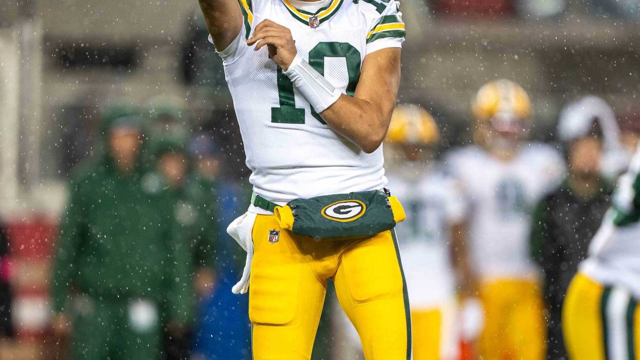 Jordan Love (10) during the first quarter in a 2024 NFC divisional round game against the San Francisco 49ers