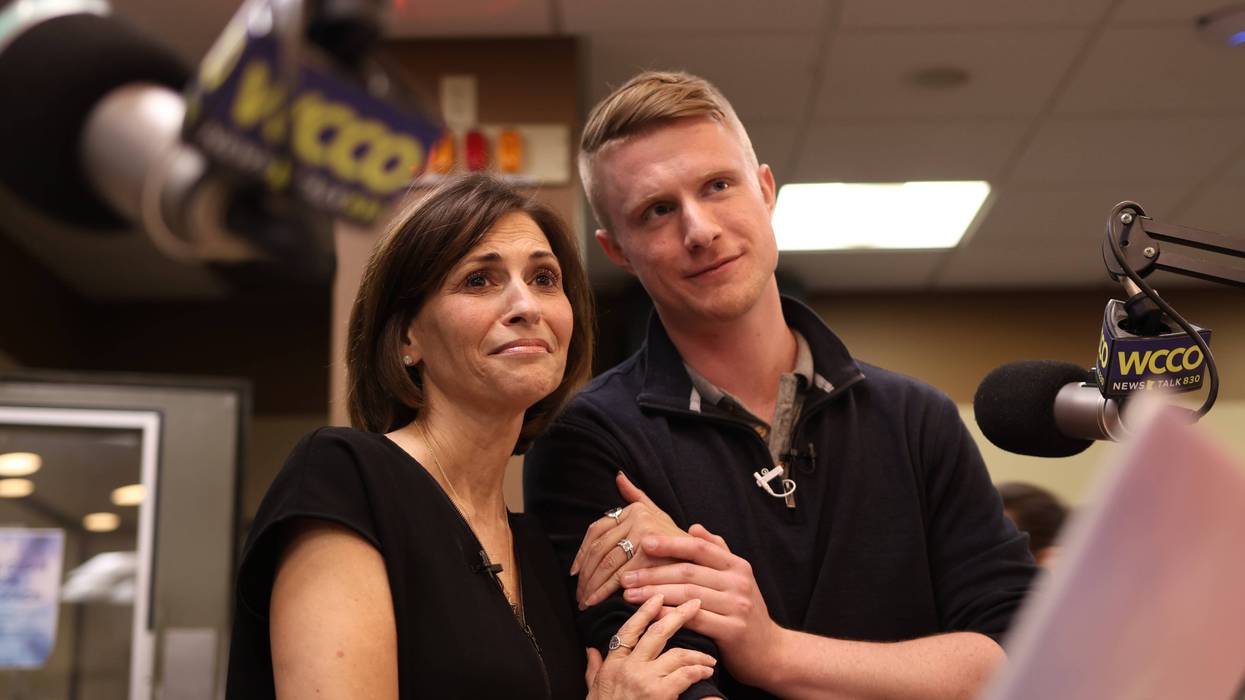 Jordana, left, meets her bone marrow donor Matt Dubinski from Long Island, New York in the WCCO Radio studios.