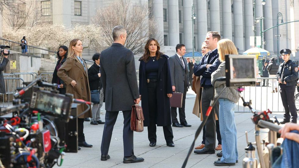 Jordana Spiro, Peter Scanavino and Mariska Hargitay are seen at the film set of the