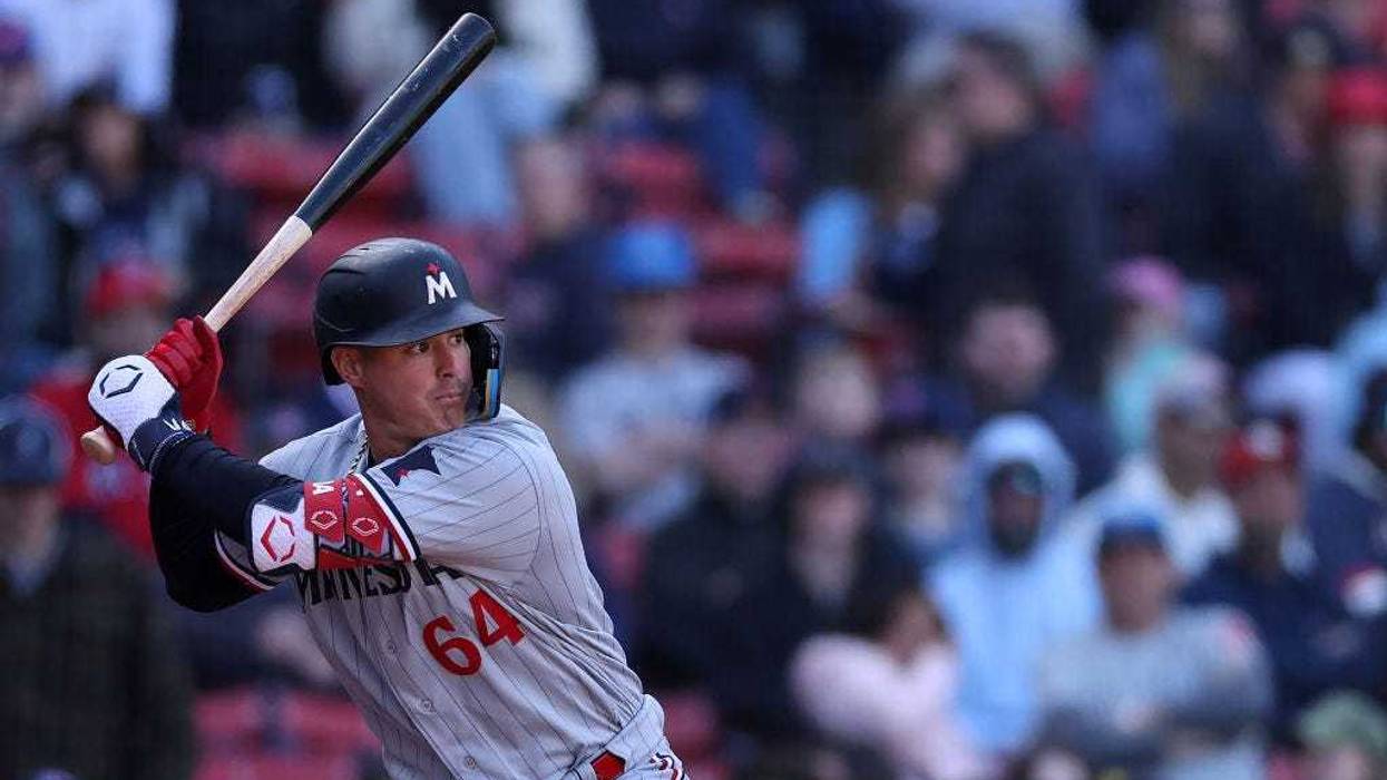Jose Miranda #64 of the Minnesota Twins at bat against the Boston Red Sox during the ninth inning at Fenway Park on April 20, 2023 in Boston, Massachusetts.