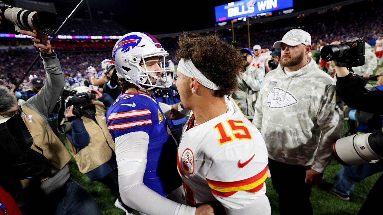 Josh Allen #17 of the Buffalo Bills greets Patrick Mahomes #15 of the Kansas City Chiefs after defeating the Kansas City Chiefs 30-21 at Highmark Stadium on November 17, 2024 in Orchard Park, New York.