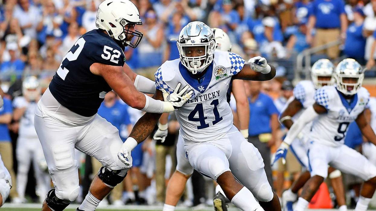 Josh Allen (41) pass rushes against Penn State Nittany Lions offensive lineman Ryan Bates (52) during the first half in the 2019 Citrus Bowl at Camping World Stadium. Mandatory Credit: Jasen Vinlove-USA TODAY Sports