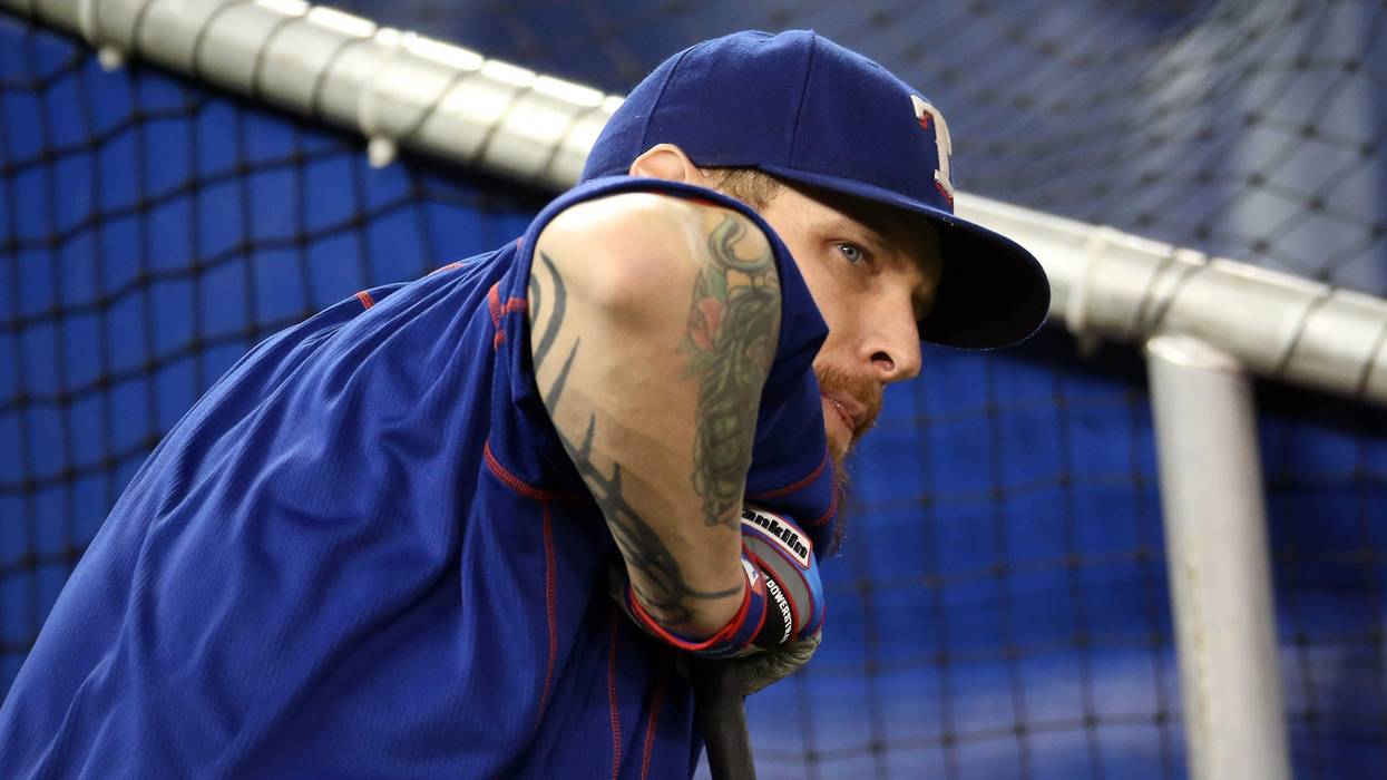 Josh Hamilton #32 of the Texas Rangers looks on during batting practice prior to game one of the American League Division Series against the Toronto Blue Jays at Rogers Centre on October 8, 2015 in Toronto, Ontario, Canada.