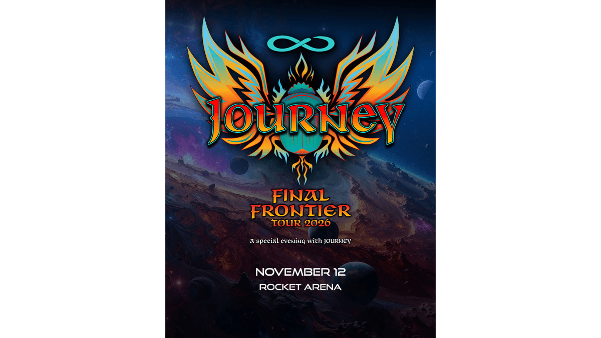 Journey Final Frontier Tour 2026 poster. Cosmic background, Nov 12, Rocket Arena.