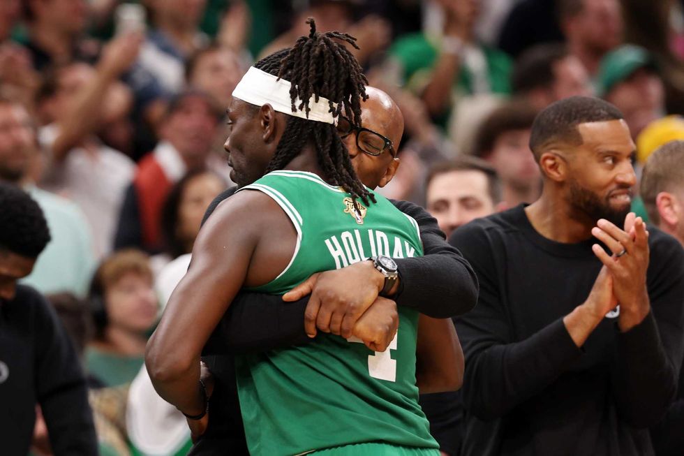 Jrue Holiday #4 of the Boston Celtics celebrates during the closing seconds of the fourth quarter of Game Five of the 2024 NBA Finals at TD Garden on June 17, 2024 in Boston, Massachusetts.