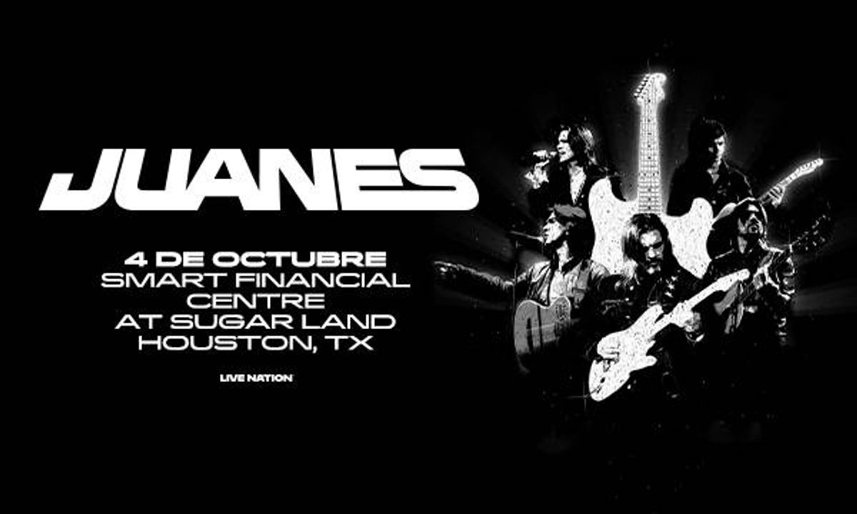 Juanes concert poster: 4 de Octubre, Smart Financial Centre, Sugar Land, Houston, TX. Band graphic.