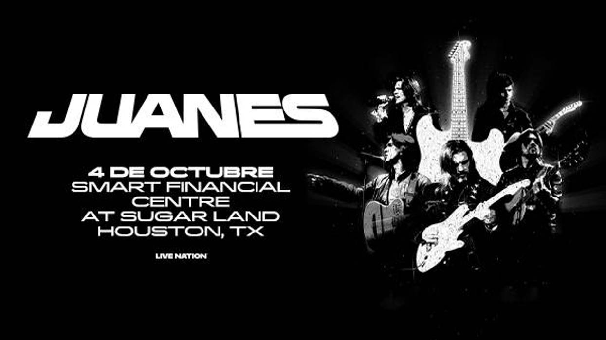 Juanes concert poster: 4 de Octubre, Smart Financial Centre, Sugar Land, Houston, TX. Band graphic.