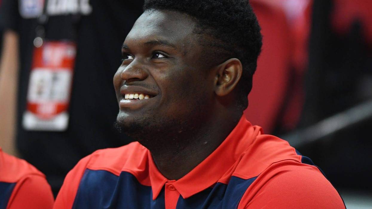 Jul 14, 2019; Las Vegas, NV, USA; New Orleans Pelicans forward Zion Williamson (1) sits on the sidelines before the start of an NBA Summer League game against the Memphis Grizzlies at Thomas & Mack Center.