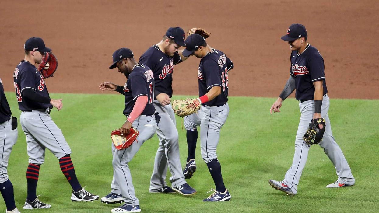 Jul 18, 2020; Pittsburgh, Pennsylvania, USA; The Cleveland Indians celebrate after defeating the Pittsburgh Pirates at PNC Park. The Indians won 5-3.