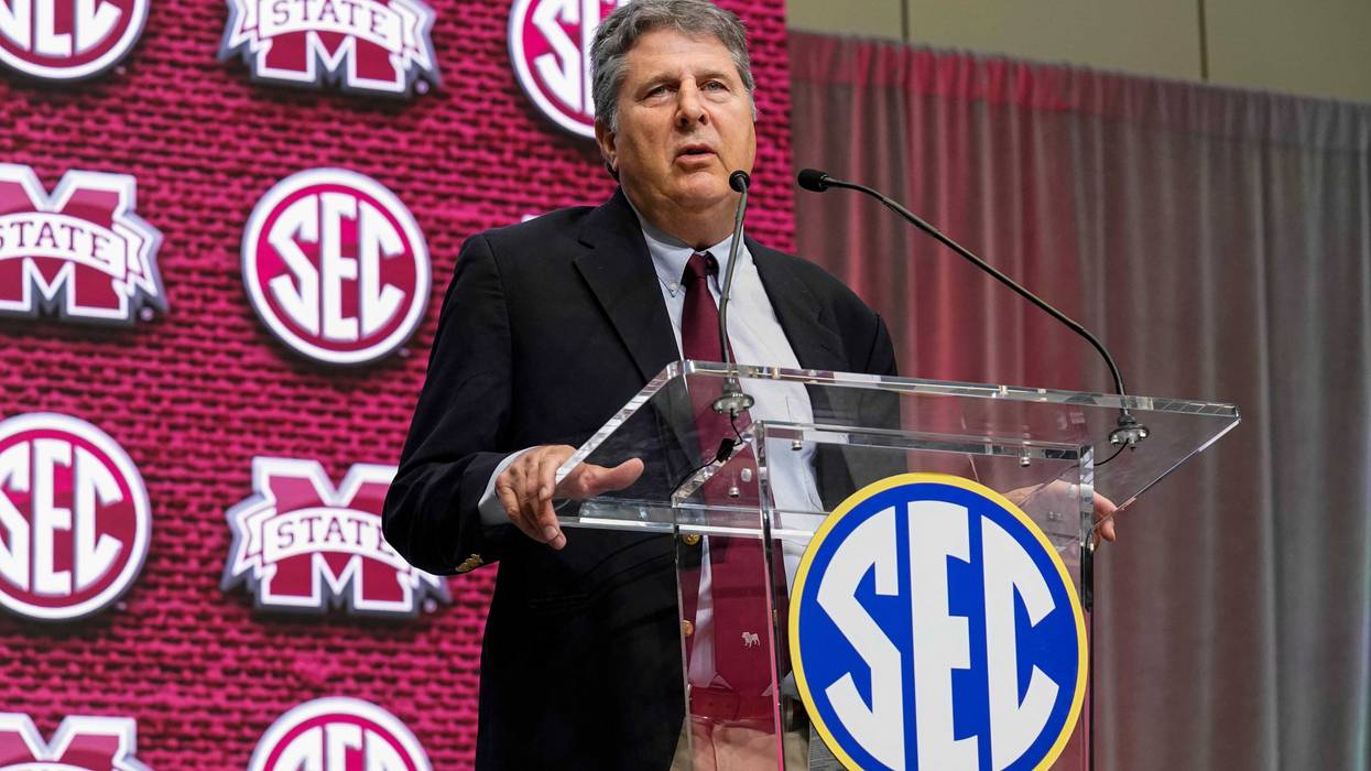 Jul 19, 2022; Atlanta, GA, USA; Mississippi State head coach Mike Leach shown on the stage during SEC Media Days at the College Football Hall of Fame.