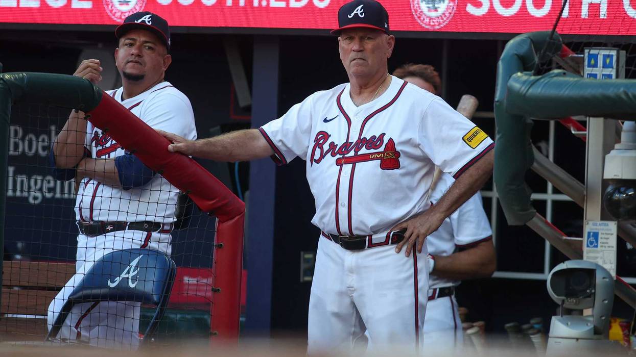 Jul 2, 2024; Atlanta, Georgia, USA; Atlanta Braves manager Brian Snitker (43) watches a game against the San Francisco Giants in the first inning at Truist Park. Mandatory Credit: Brett Davis-USA TODAY Sports