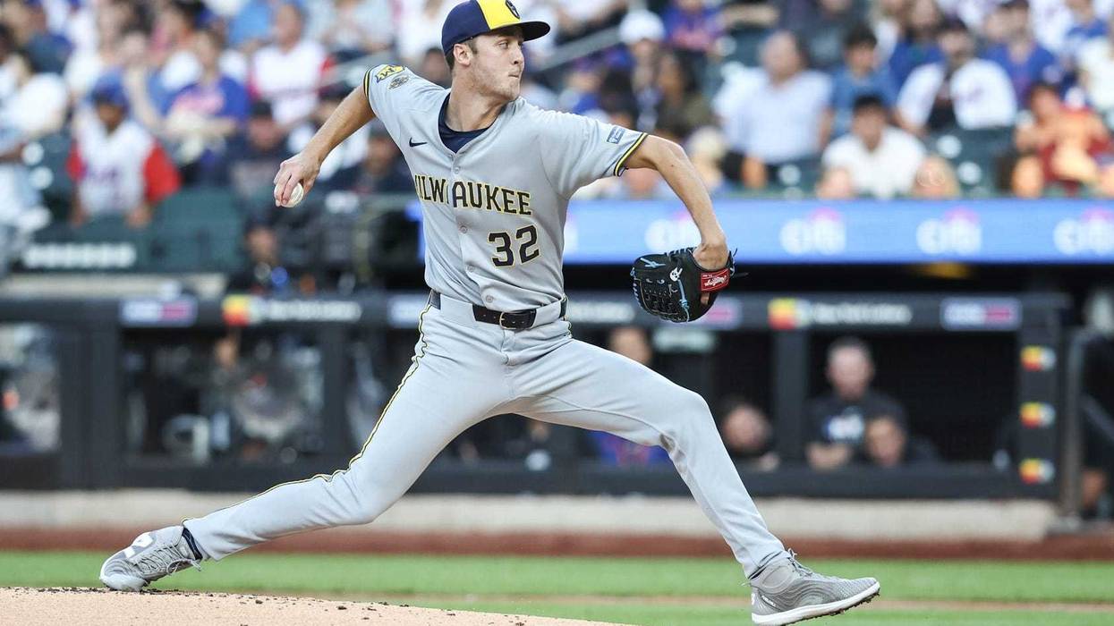 Jul 2, 2025; New York City, New York, USA; Milwaukee Brewers starting pitcher Jacob Misiorowski (32) pitches in the first inning against the New York Mets at Citi Field. Mandatory Credit: Wendell Cruz-Imagn Images