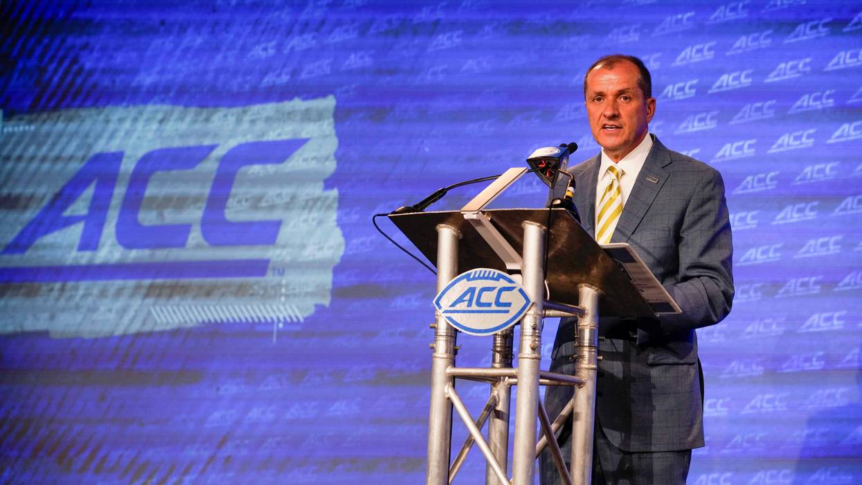 Jul 20, 2022; Charlotte, NC, USA; ACC commissioner Jim Phillips speaks to the media during ACC Media Days at the Westin Hotel in Charlotte. Mandatory Credit: Jim Dedmon-USA TODAY Sports