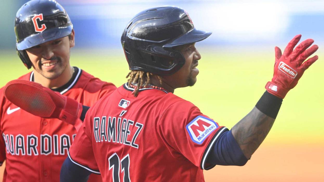 Jul 21, 2025; Cleveland, Ohio, USA; Cleveland Guardians third baseman Jose Ramirez (11) celebrates his three-run home run with left fielder Steven Kwan (38) in the first inning against the Baltimore Orioles at Progressive Field.