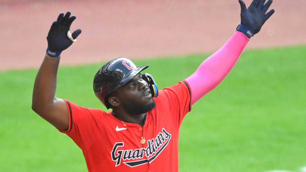 Jul 23, 2024; Cleveland, Ohio, USA; Cleveland Guardians right fielder Jhonkensy Noel (43) celebrates his solo home run in the fourth inning against the Detroit Tigers at Progressive Field.
