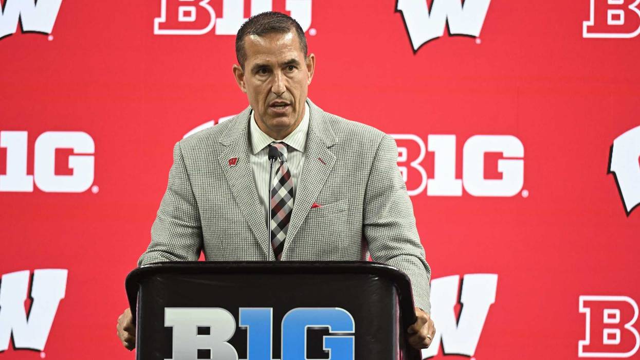 Jul 23, 2024; Indianapolis, IN, USA; Wisconsin Badgers head coach Luke Fickell speaks to the media during the Big 10 football media day at Lucas Oil Stadium. Mandatory Credit: Robert Goddin-USA TODAY Sports