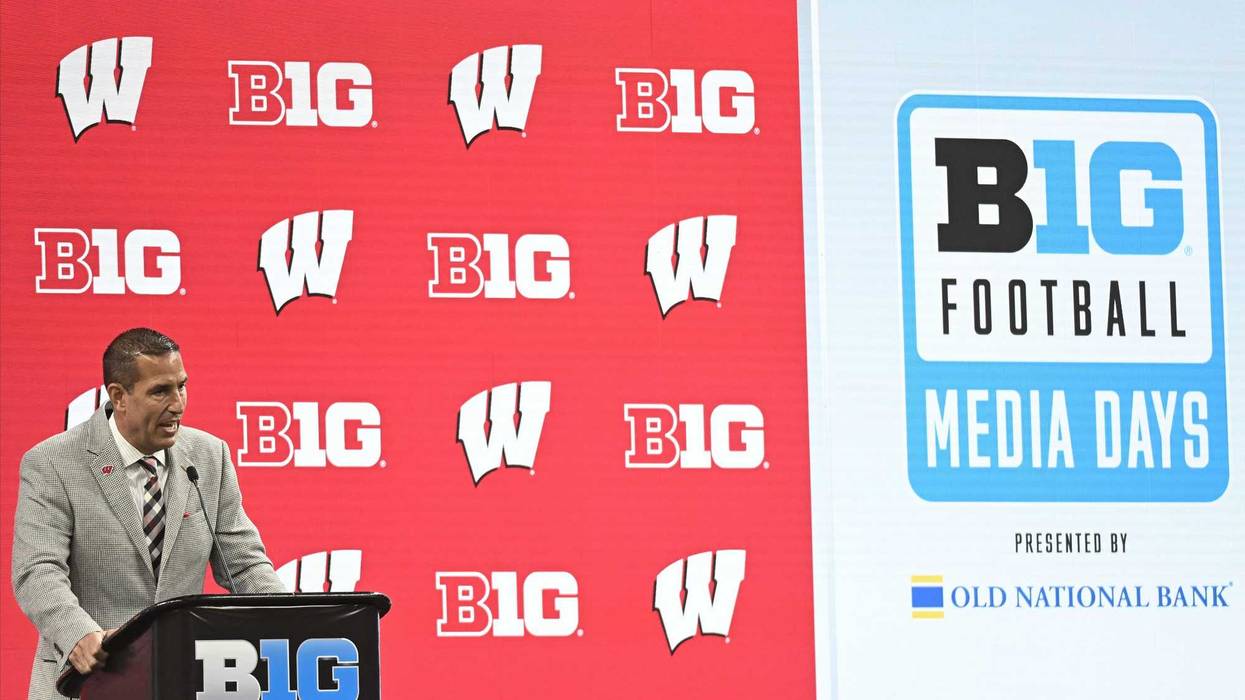 Jul 23, 2024; Indianapolis, IN, USA; Wisconsin Badgers head coach Luke Fickell speaks to the media during the Big 10 football media day at Lucas Oil Stadium. Mandatory Credit: Robert Goddin-USA TODAY Sports