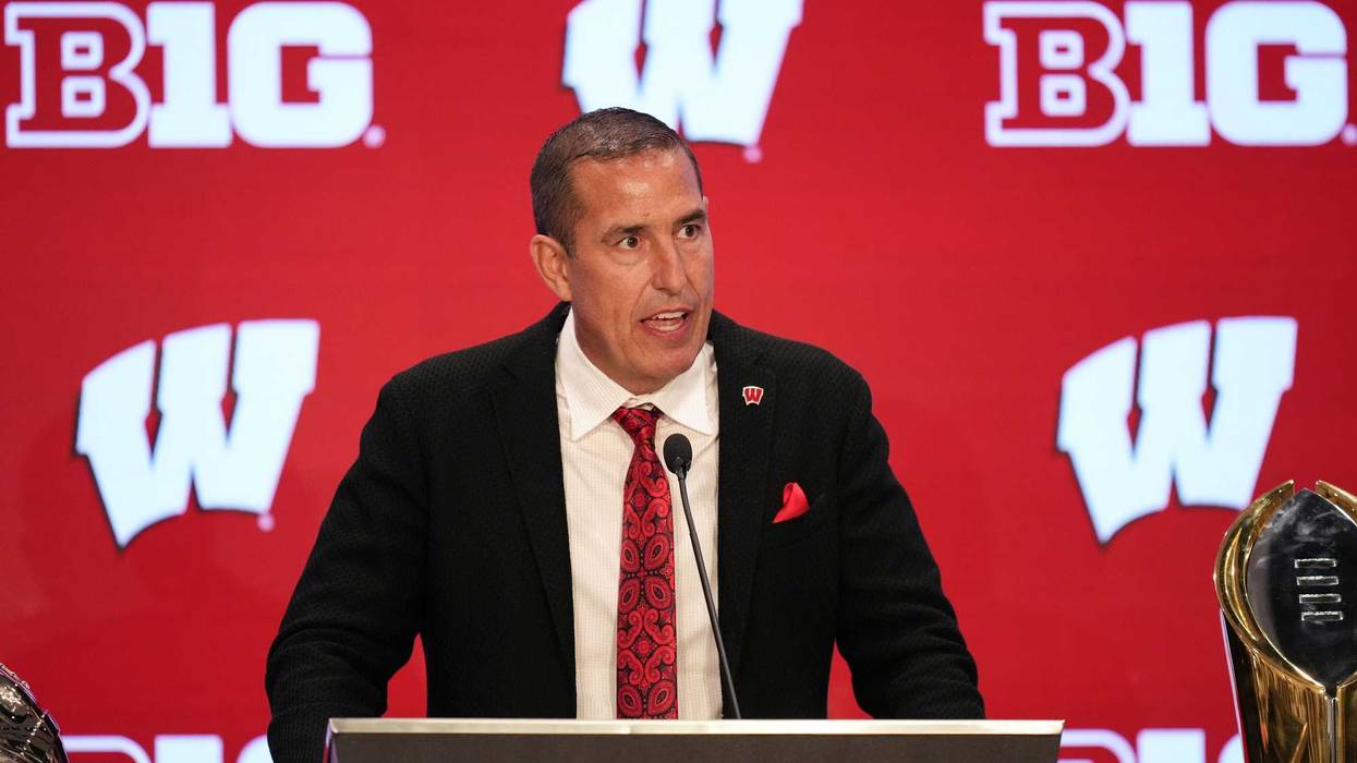 Jul 23, 2025; Las Vegas, NV, USA; Wisconsin head coach Luke Fickell speaks to the media during the Big Ten NCAA college football media days at Mandalay Bay Resort. Mandatory Credit: Lucas Peltier-Imagn Images