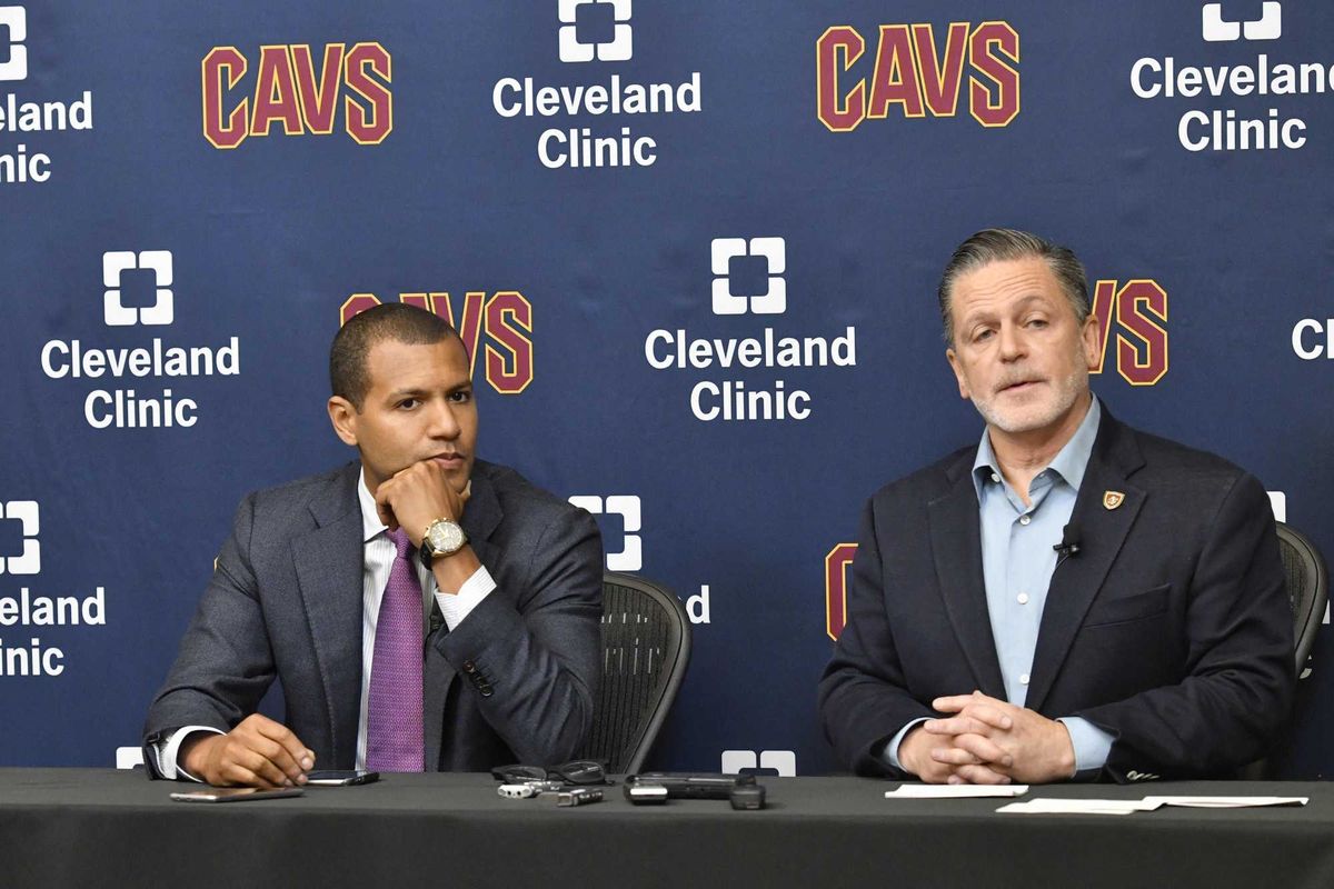 Jul 26, 2017; Cleveland, OH, USA; Cleveland Cavaliers general manager Koby Altman (L) and owner Dan Gilbert (R) speak during a press conference at Cleveland Clinic Courts. Mandatory Credit: David Richard-USA TODAY Sports