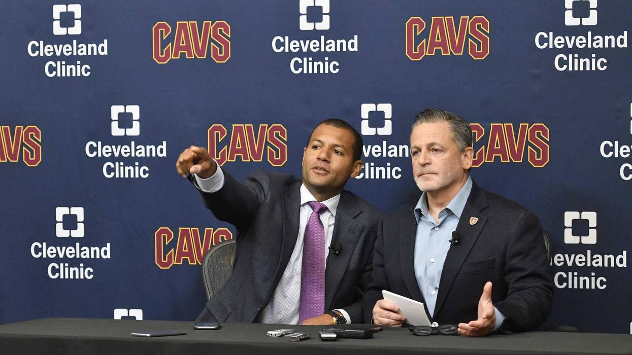 Jul 26, 2017; Cleveland, OH, USA; Cleveland Cavaliers general manager Koby Altman (L) and owner Dan Gilbert (R) speak during a press conference at Cleveland Clinic Courts. Mandatory Credit: David Richard-USA TODAY Sports
