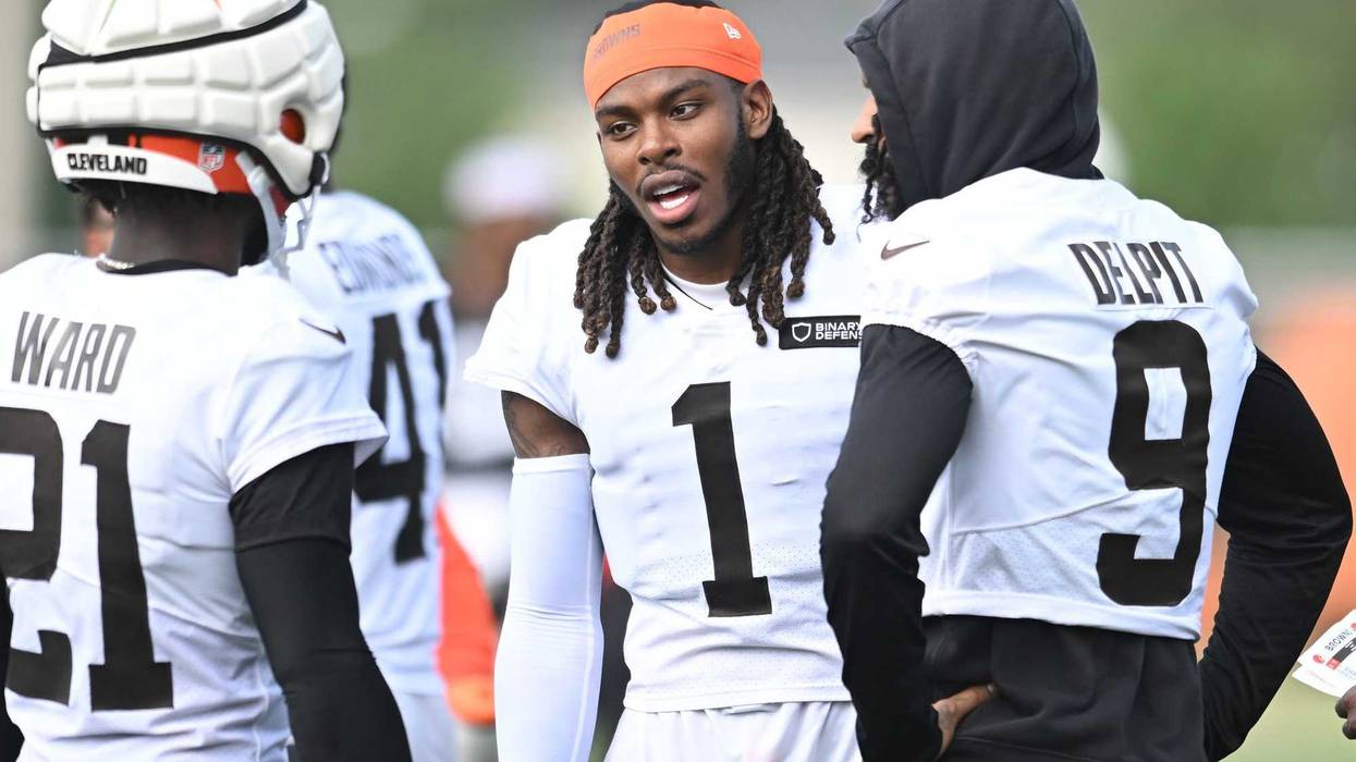 Jul 26, 2025; Berea, OH, USA; Cleveland Browns cornerback Martin Emerson Jr. (1) talks to cornerback Denzel Ward (21) and safety Grant Delpit (9) during training camp at CrossCountry Mortgage Campus.