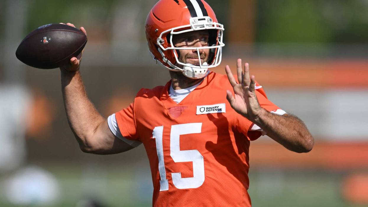 Jul 26, 2025; Berea, OH, USA; Cleveland Browns quarterback Joe Flacco (15) throws a pass during training camp at CrossCountry Mortgage Campus. Mandatory Credit: Ken Blaze-Imagn Images