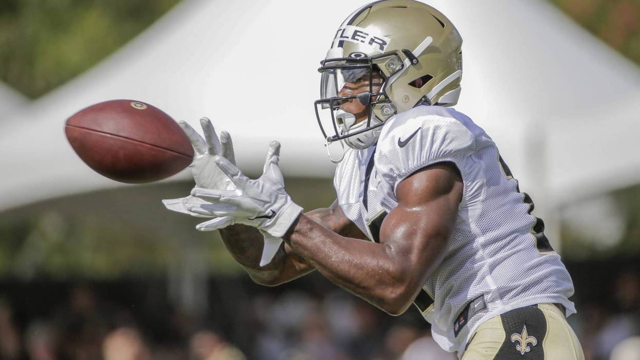 Jul 28, 2019; Metairie, LA, USA; New Orleans Saints wide receiver Emmanuel Butler (17) catches a pass during training camp at the Ochsner Sports Performance Center.