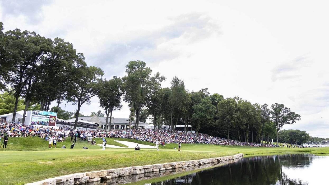 Jul 7, 2024; Silvis, Illinois, USA; A general view on the 18th hole as Davis Thompson prepares to putt during the final round of the John Deere Classic golf tournament at TPC Deere Run. Mandatory Credit: Joseph Cress-Imagn Images